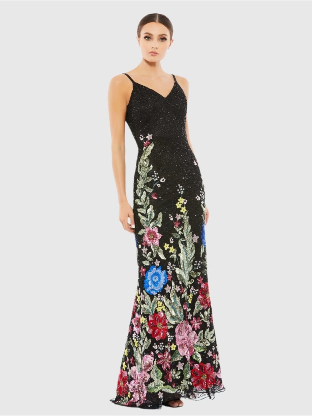 Mac Duggal Floral Embellished Spaghetti Strap Maxi Gown